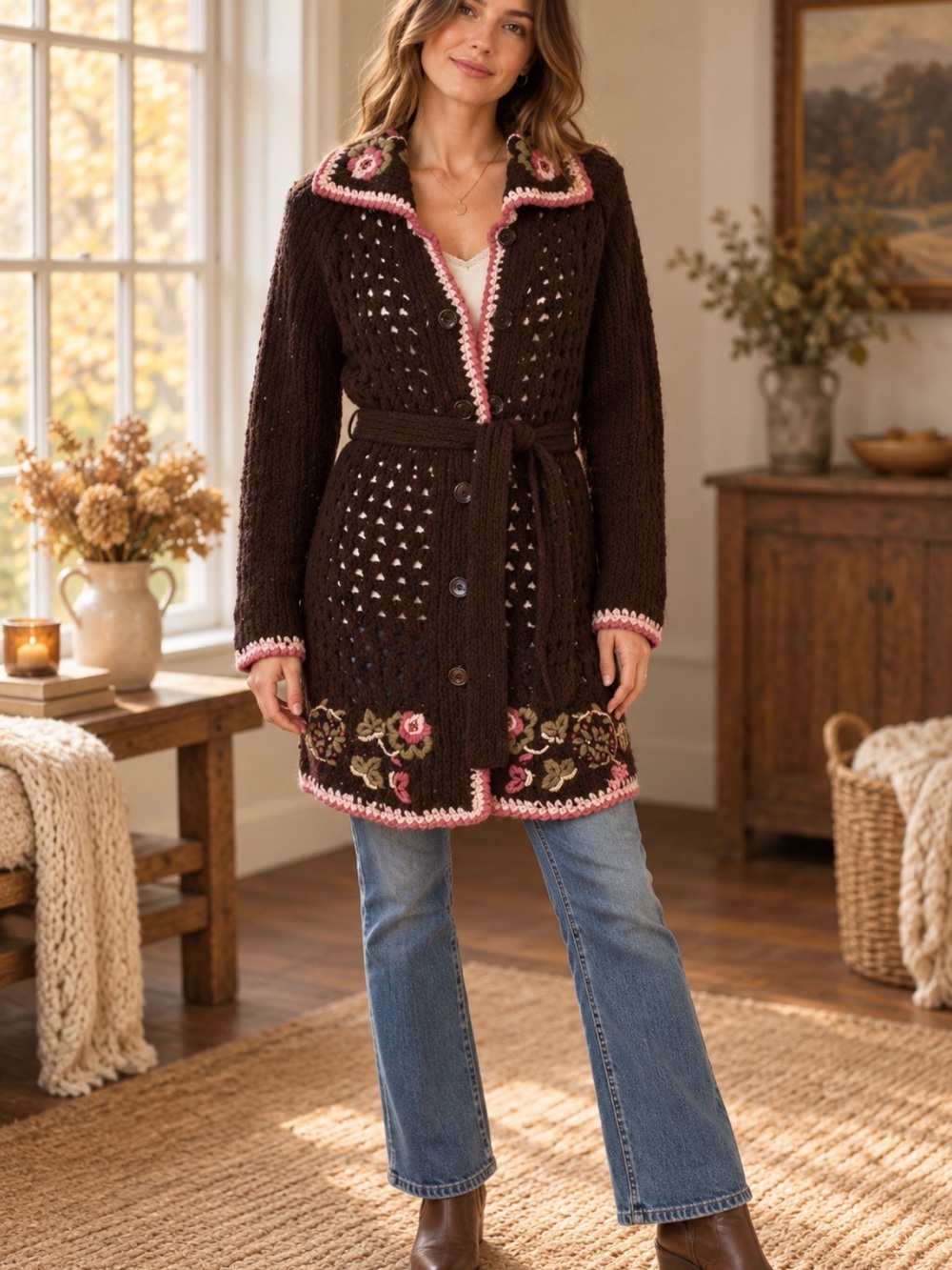 Brown Crochet Grandma Sweater Coatigan Women L Floral Embroidered Belted Boho